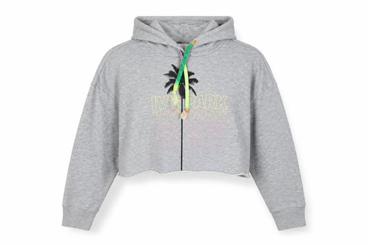 Front view of IVY PARK women’s grey polyester pullover hoodie, size S, pullover