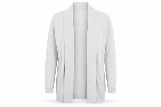 Front view of Maine New England women’s grey v-neck paisley acrylic cardigan jumper, size UK 16
