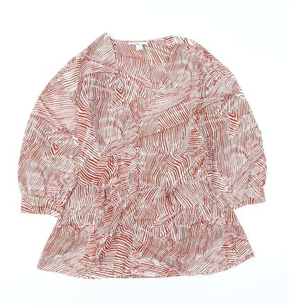Topshop Womens Orange Geometric Polyester Basic Blouse Size 8 V-Neck - Tie Back Detail