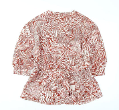 Topshop Womens Orange Geometric Polyester Basic Blouse Size 8 V-Neck - Tie Back Detail