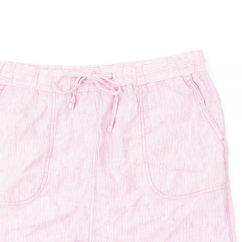 Marks and Spencer Womens Pink Striped Flax A-Line Skirt Size 12 Tie