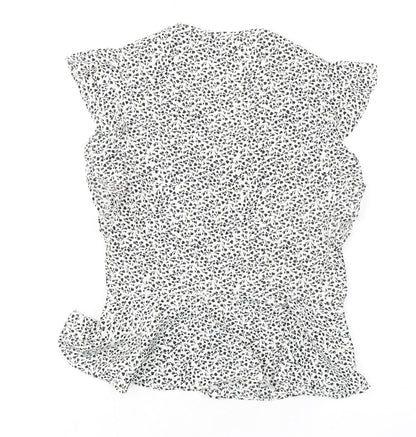 New Look Womens Ivory Floral Polyester Basic T-Shirt Size 12 V-Neck - Ruffle Detail
