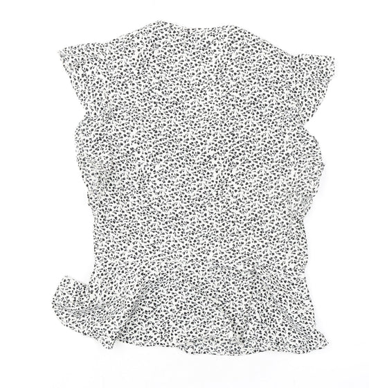 New Look Womens Ivory Floral Polyester Basic T-Shirt Size 12 V-Neck - Ruffle Detail