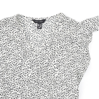 New Look Womens Ivory Floral Polyester Basic T-Shirt Size 12 V-Neck - Ruffle Detail