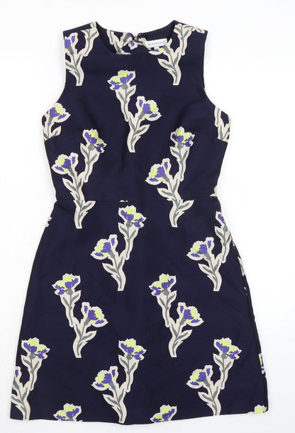 Warehouse Womens Blue Floral Polycarbamide Pencil Dress Size 8 Crew Neck Zip