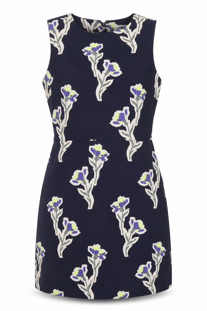 Warehouse Womens Blue Floral Polycarbamide Pencil Dress Size 8 Crew Neck Zip
