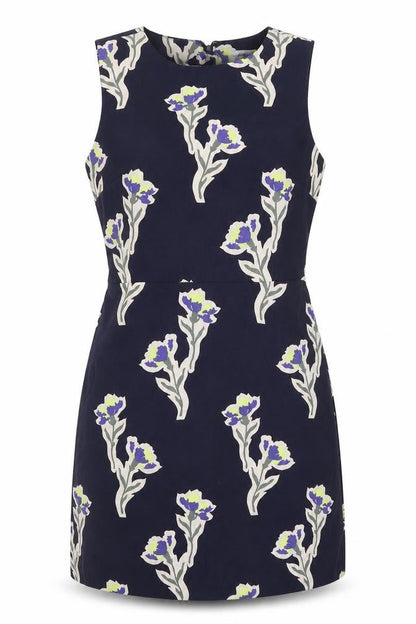 Warehouse Womens Blue Floral Polycarbamide Pencil Dress Size 8 Crew Neck Zip