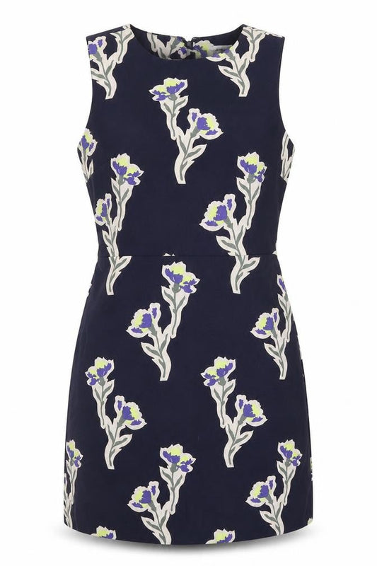 Warehouse Womens Blue Floral Polycarbamide Pencil Dress Size 8 Crew Neck Zip