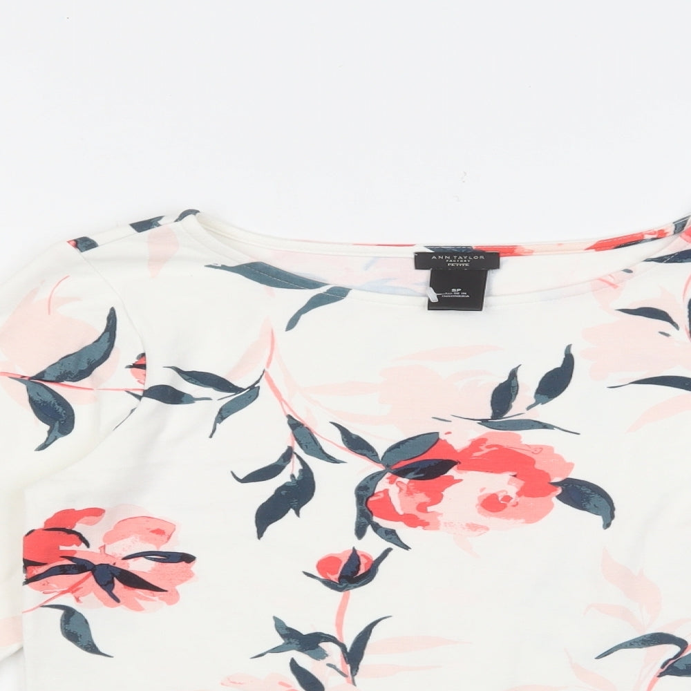 Ann Taylor Womens White Floral Polyester Basic Blouse Size S Round Neck