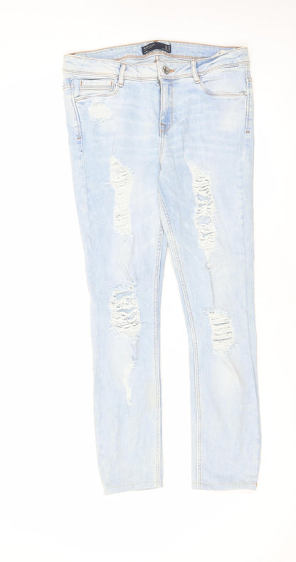 Zara Womens Blue Cotton Straight Jeans Size 12 L26 in Regular Zip