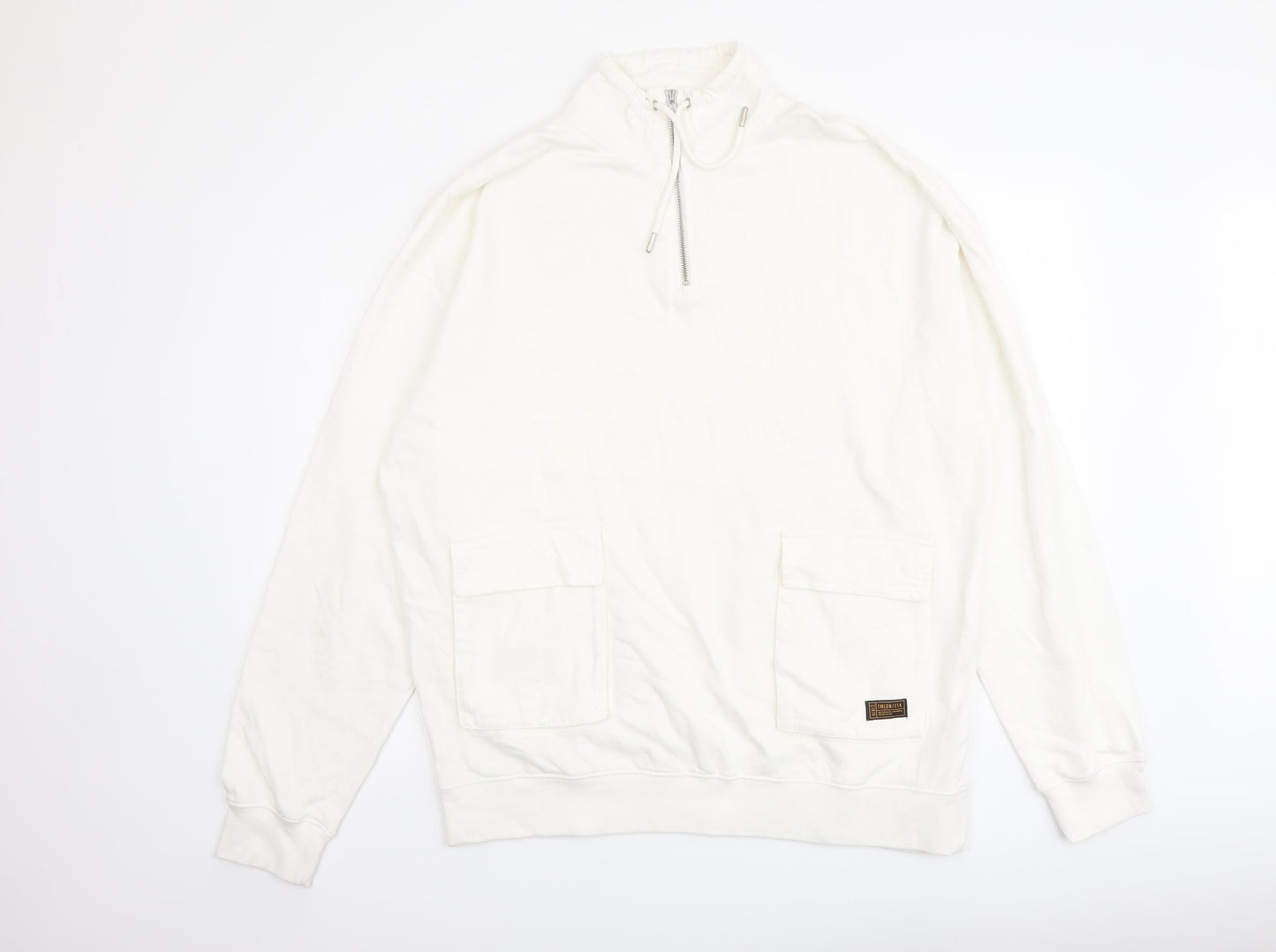 Topman Mens Ivory Cotton Pullover Sweatshirt Size M - Pockets 1/4 Zip Drawstring