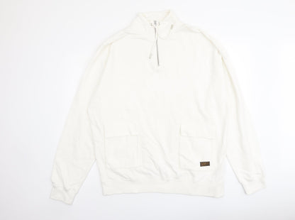 Topman Mens Ivory Cotton Pullover Sweatshirt Size M - Pockets 1/4 Zip Drawstring