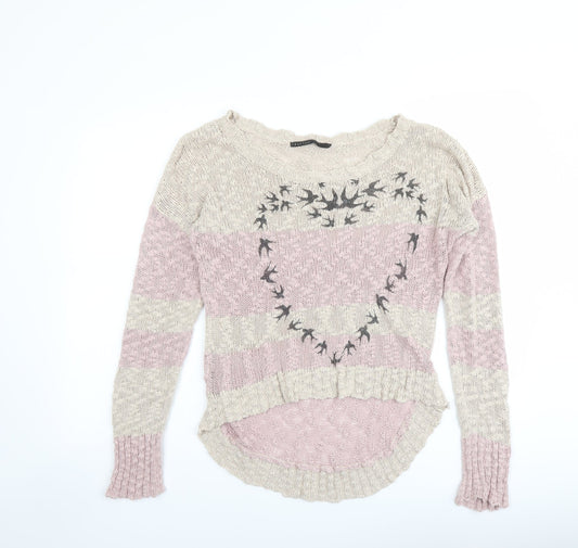 Crafted Womens Pink Round Neck Striped Cotton Pullover Jumper Size 12 - Heart