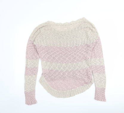 Crafted Womens Pink Round Neck Striped Cotton Pullover Jumper Size 12 - Heart