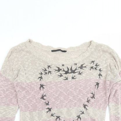 Crafted Womens Pink Round Neck Striped Cotton Pullover Jumper Size 12 - Heart