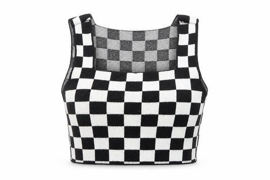 Front view of ASOS women’s black check acrylic cropped tank, size UK 4, square neck