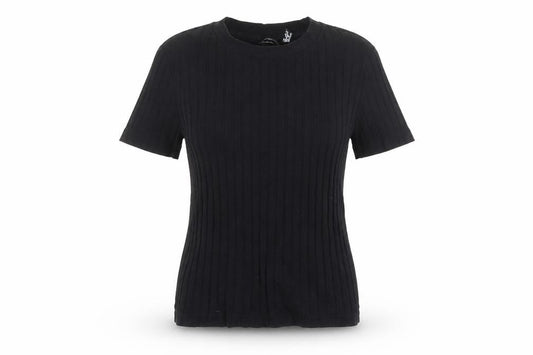 Front view of ASOS women’s black cotton basic t-shirt, size UK 6, round neck