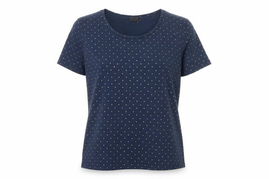 Front view of ICHI women’s blue polka dot polyester basic tank, size M, round neck