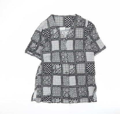 Essentials Womens Black Geometric Viscose Basic Button-Up Size 14 V-Neck