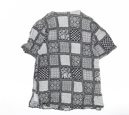 Essentials Womens Black Geometric Viscose Basic Button-Up Size 14 V-Neck