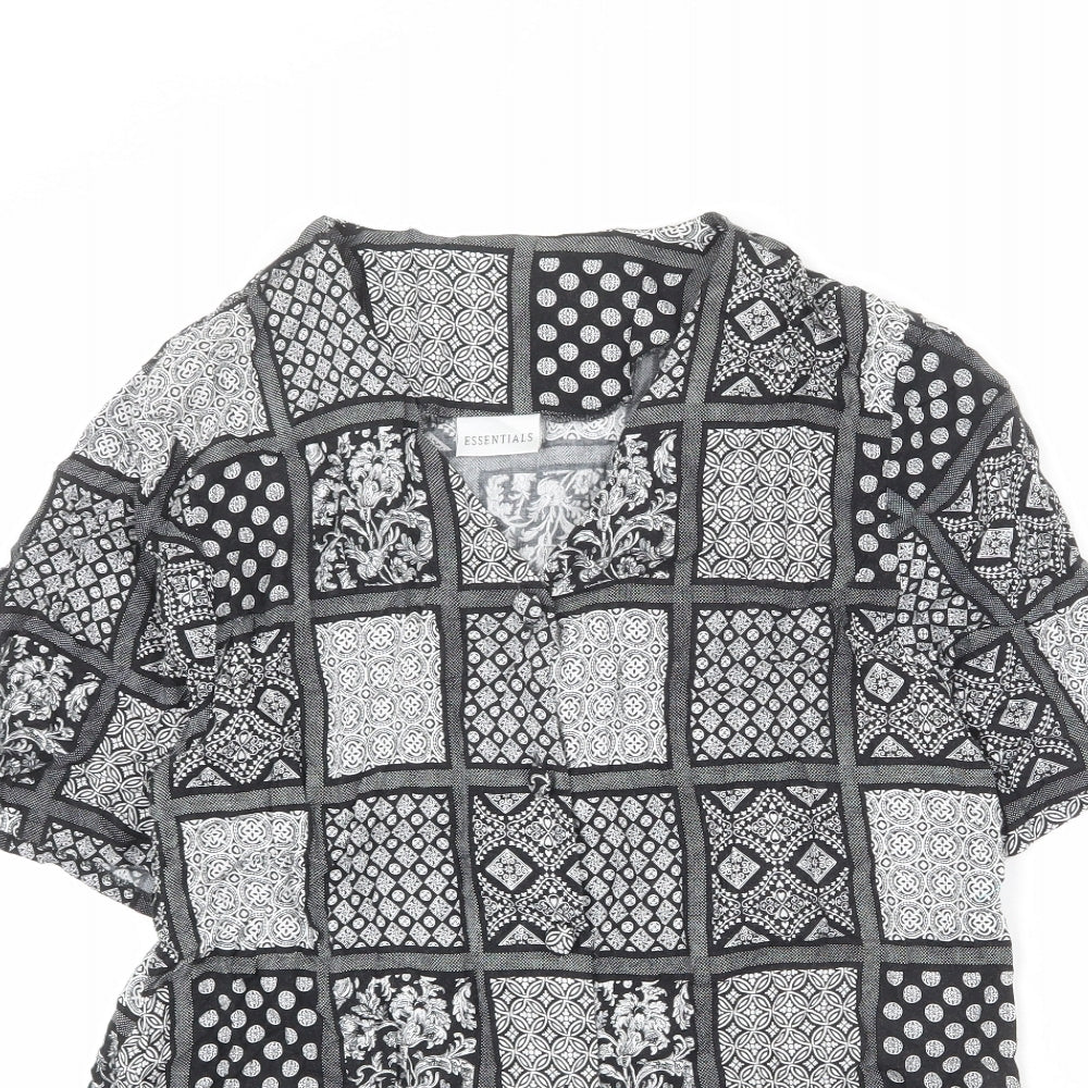 Essentials Womens Black Geometric Viscose Basic Button-Up Size 14 V-Neck