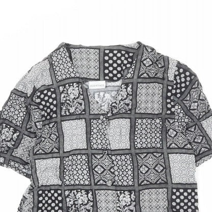 Essentials Womens Black Geometric Viscose Basic Button-Up Size 14 V-Neck