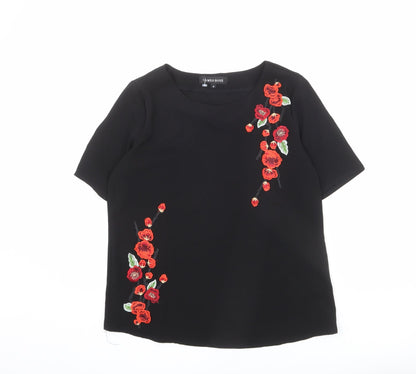 Cameo Rose Womens Black Polyester Basic T-Shirt Size 8 Round Neck - Embroidered Flowers