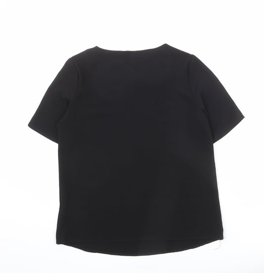 Cameo Rose Womens Black Polyester Basic T-Shirt Size 8 Round Neck - Embroidered Flowers