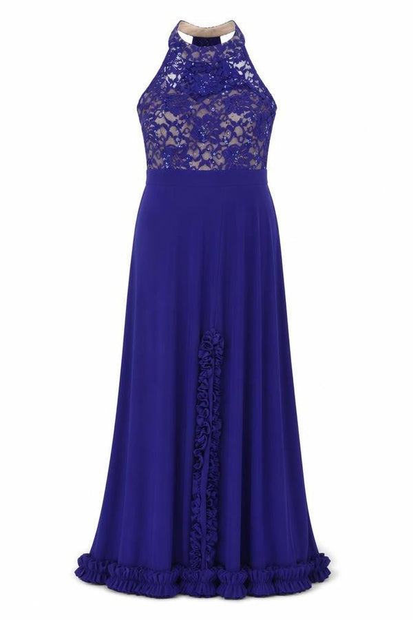 Morgan & Co. Womens Blue Polyester Ball Gown Size 10 Halter Zip - Lace Details