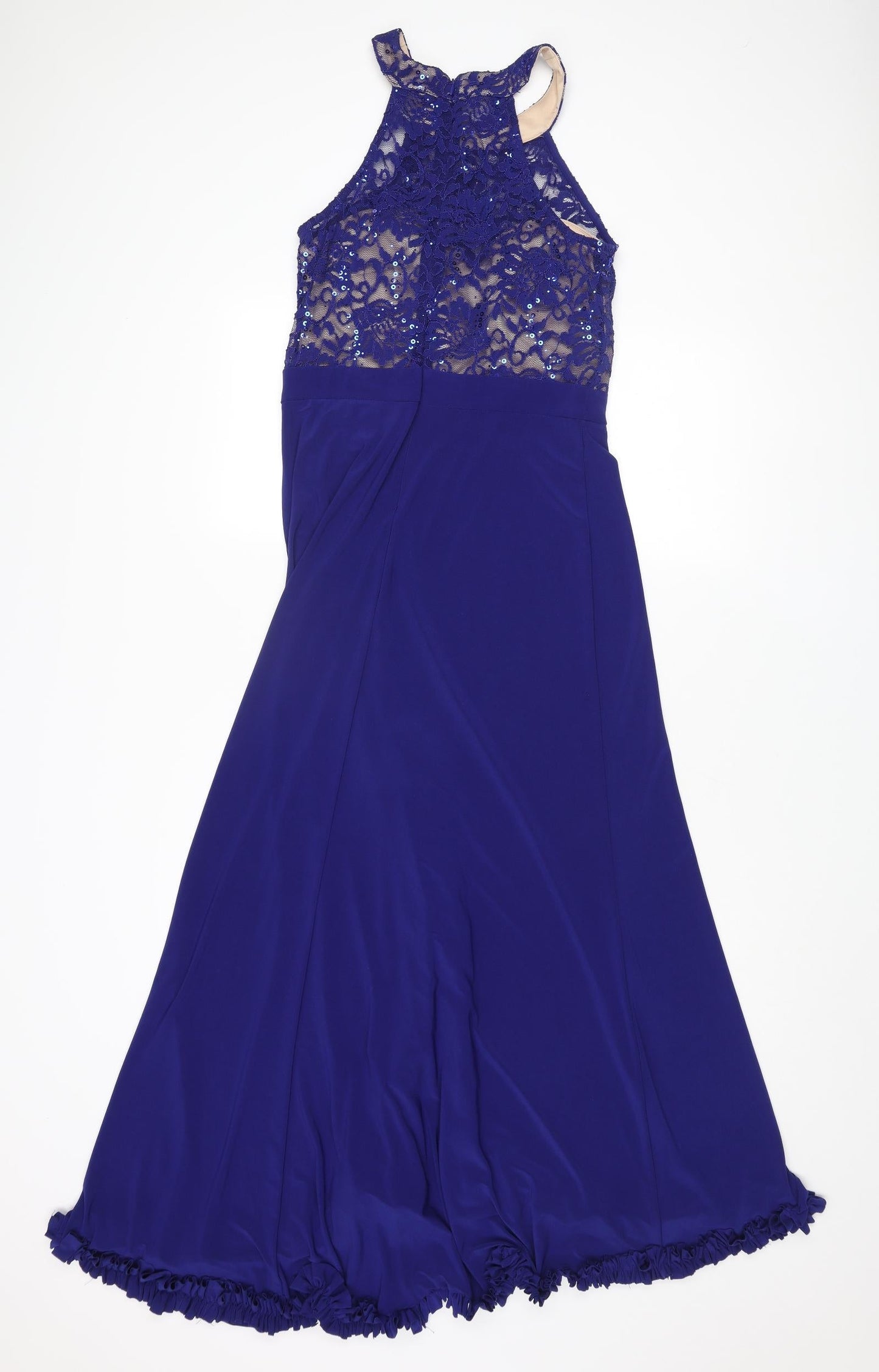 Morgan & Co. Womens Blue Polyester Ball Gown Size 10 Halter Zip - Lace Details