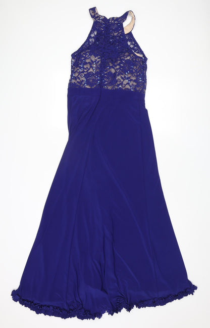 Morgan & Co. Womens Blue Polyester Ball Gown Size 10 Halter Zip - Lace Details