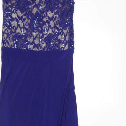 Morgan & Co. Womens Blue Polyester Ball Gown Size 10 Halter Zip - Lace Details