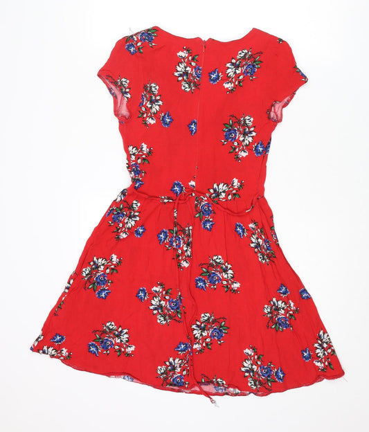 New Look Womens Red Floral Viscose A-Line Size 8 V-Neck Zip