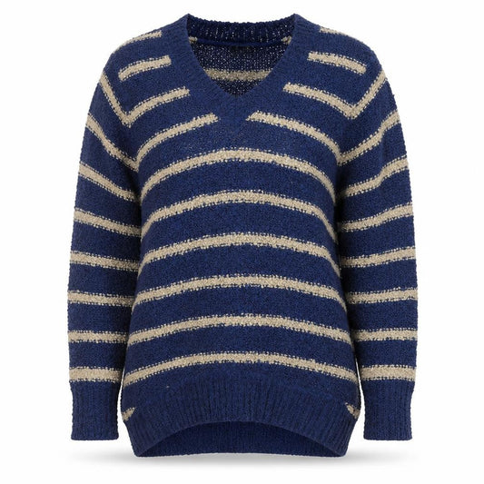 Front view of Originals women’s blue v-neck striped acrylic jumper, size L