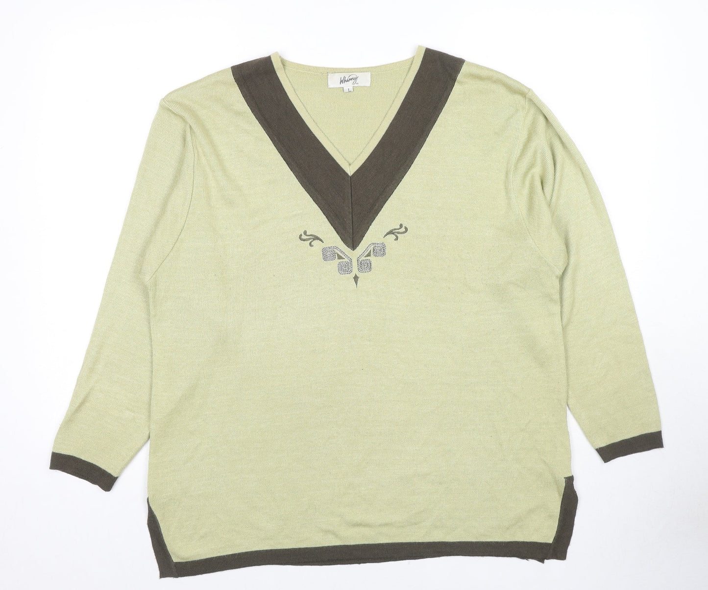 Whimsy by Lunaire Womens Green V-Neck Acrylic Pullover Jumper Size L