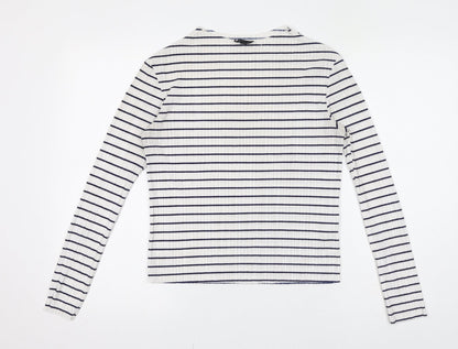 Topshop Womens White Striped Polyester Basic T-Shirt Size 8 Crew Neck