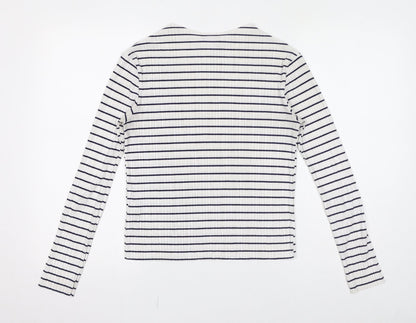 Topshop Womens White Striped Polyester Basic T-Shirt Size 8 Crew Neck