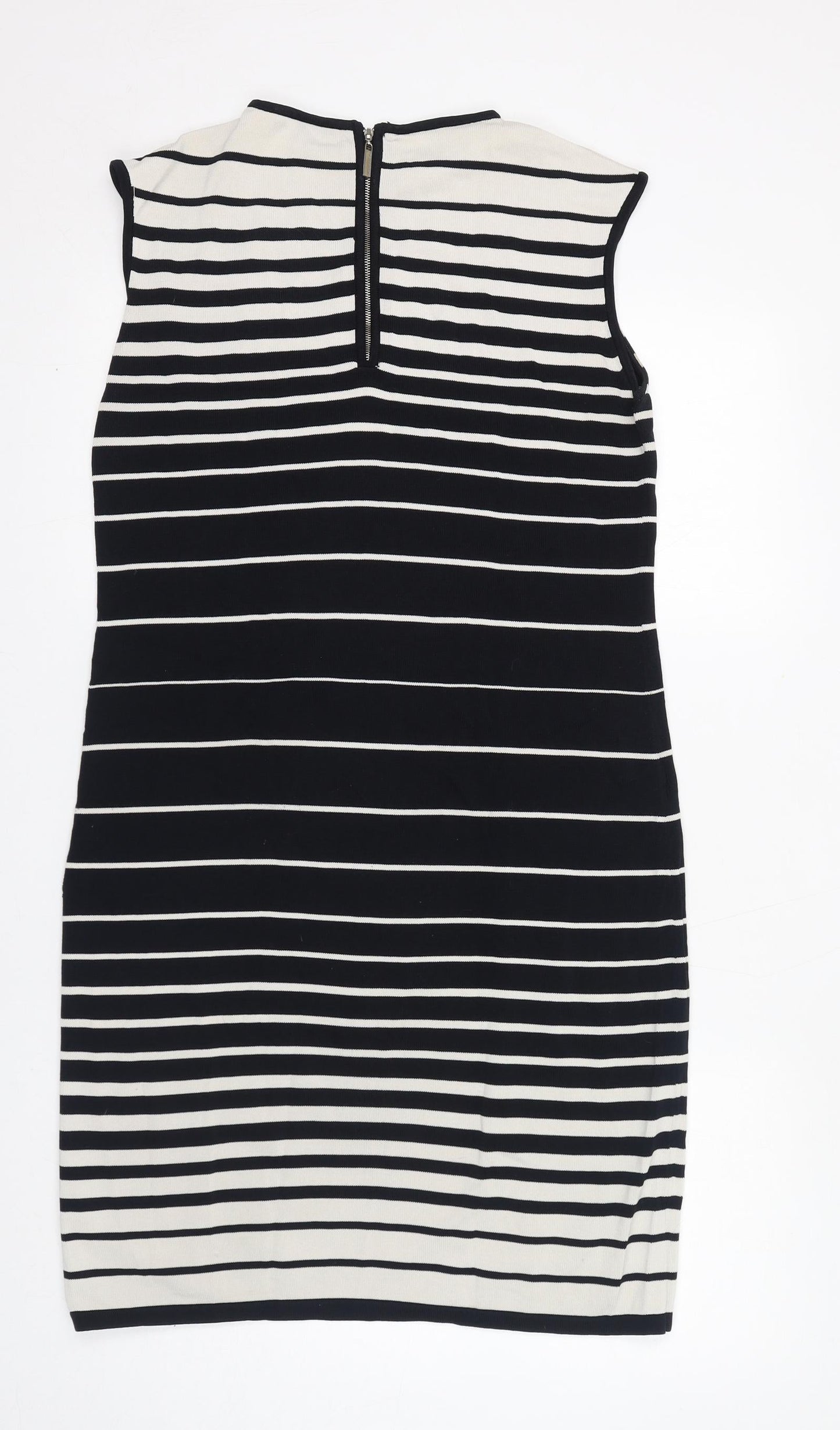 Adrienne Vittadini Womens Black Striped Viscose Shift Size M Round Neck Zip