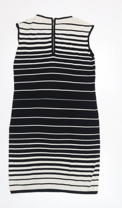Adrienne Vittadini Womens Black Striped Viscose Shift Size M Round Neck Zip