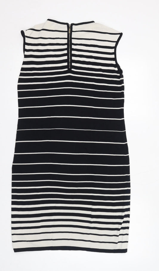 Adrienne Vittadini Womens Black Striped Viscose Shift Size M Round Neck Zip