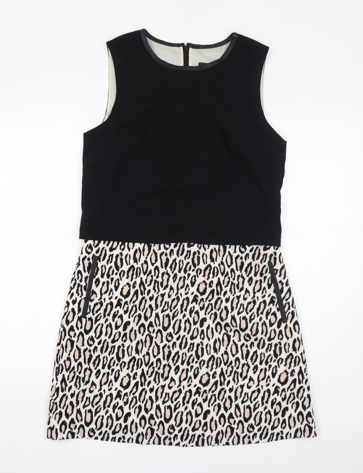 Oasis Womens Black Animal Print Polyester Shift Size 10 Round Neck Zip - Leopard Print