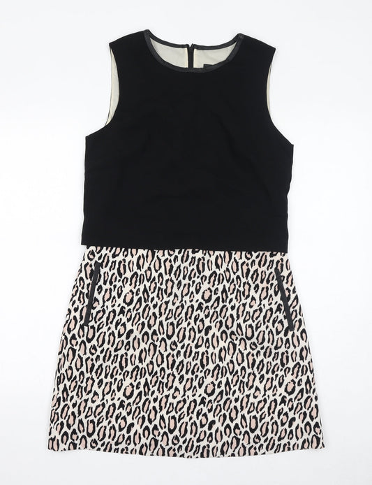 Oasis Womens Black Animal Print Polyester Shift Size 10 Round Neck Zip - Leopard Print