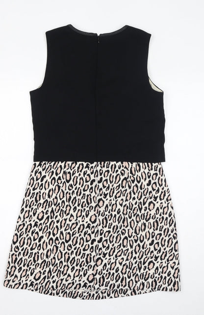 Oasis Womens Black Animal Print Polyester Shift Size 10 Round Neck Zip - Leopard Print