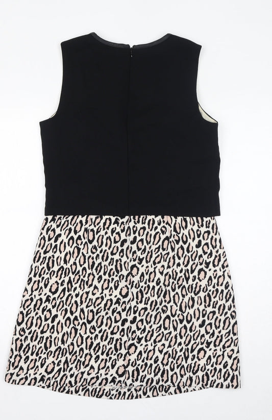 Oasis Womens Black Animal Print Polyester Shift Size 10 Round Neck Zip - Leopard Print