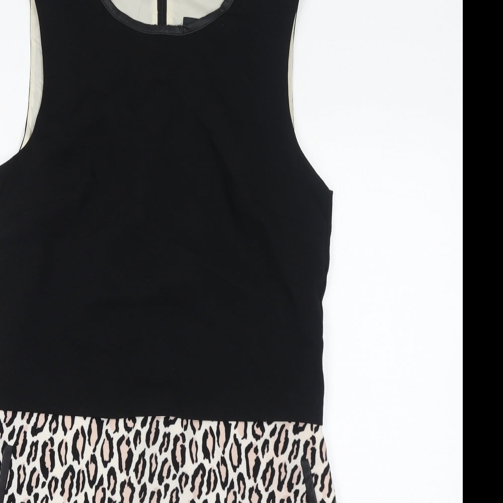 Oasis Womens Black Animal Print Polyester Shift Size 10 Round Neck Zip - Leopard Print