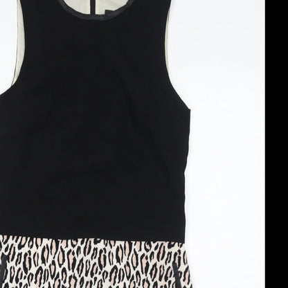 Oasis Womens Black Animal Print Polyester Shift Size 10 Round Neck Zip - Leopard Print