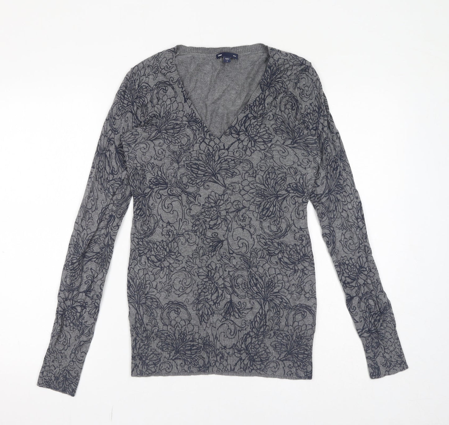 Gap Womens Grey V-Neck Floral 100% Cotton Pullover Jumper Size S