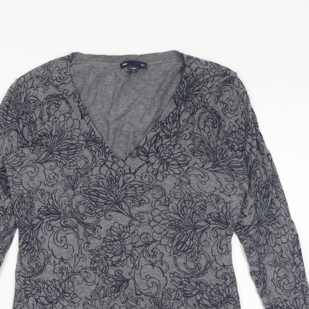 Gap Womens Grey V-Neck Floral 100% Cotton Pullover Jumper Size S