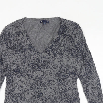 Gap Womens Grey V-Neck Floral 100% Cotton Pullover Jumper Size S