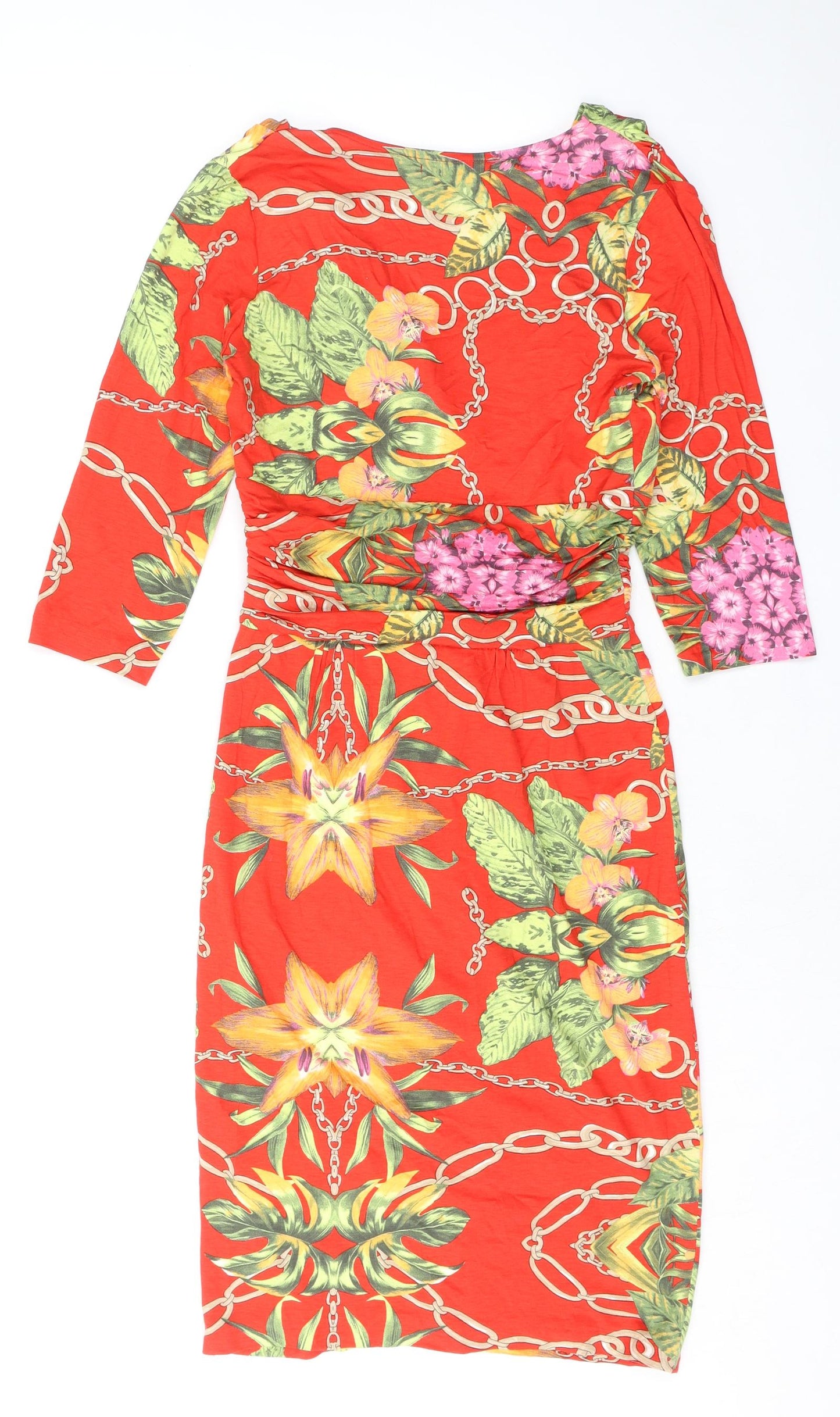 Fran Jane Womens Red Floral Viscose Pencil Dress Size 10 V-Neck Zip